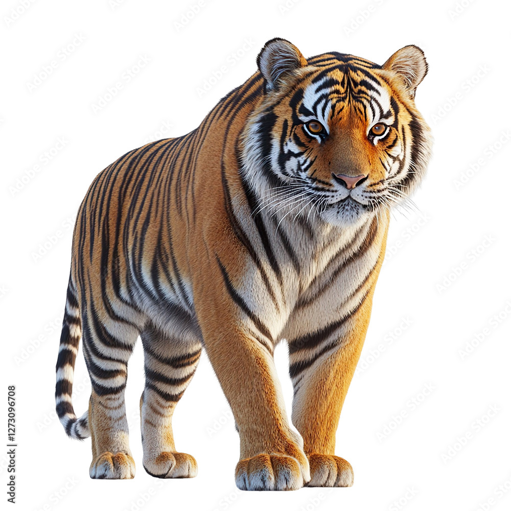 Obraz premium Angled view full-body shot of an extremely perfect-looking single Tiger isolated on a white transparent background