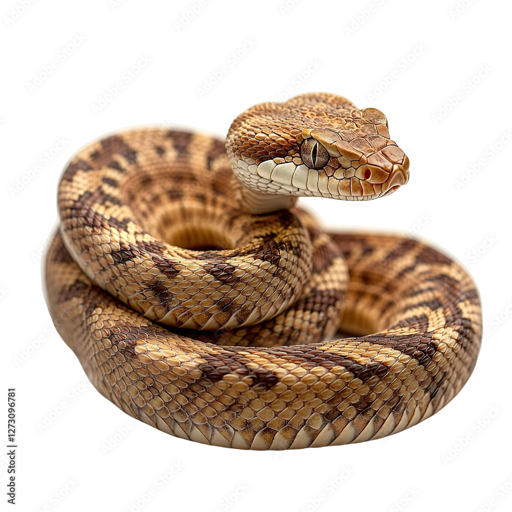 Obraz premium Angled view full-body shot of an extremely perfect-looking single Tiger Rattlesnake isolated on a white transparent background