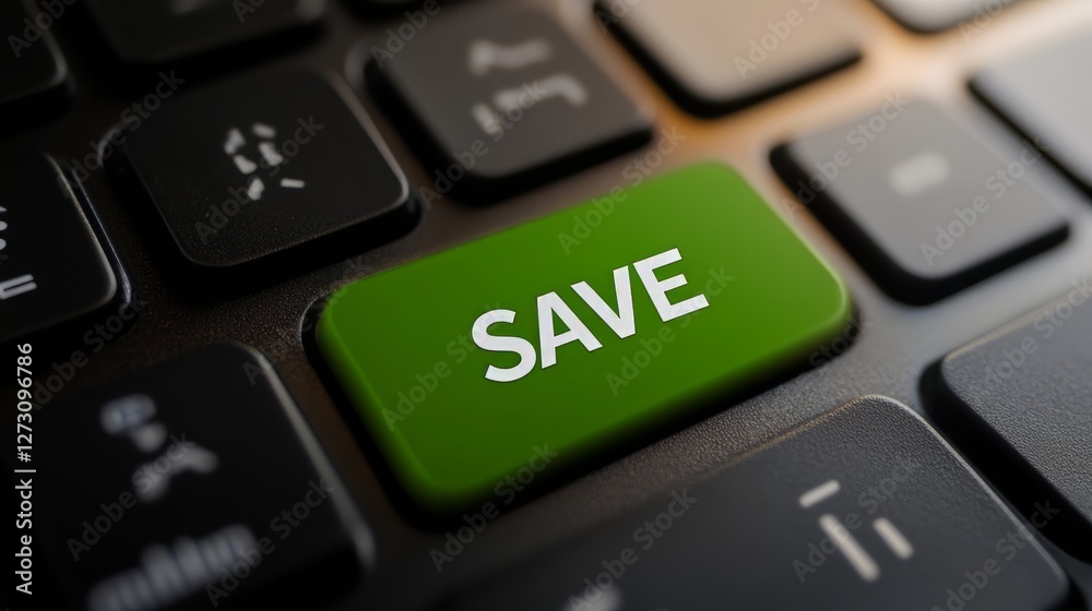 Close-up of Green Save Button on Black Computer Keyboard with Focused Depth of Field Close-up of Green Save Button on Black Computer Keyboard with Focused Depth of Field
