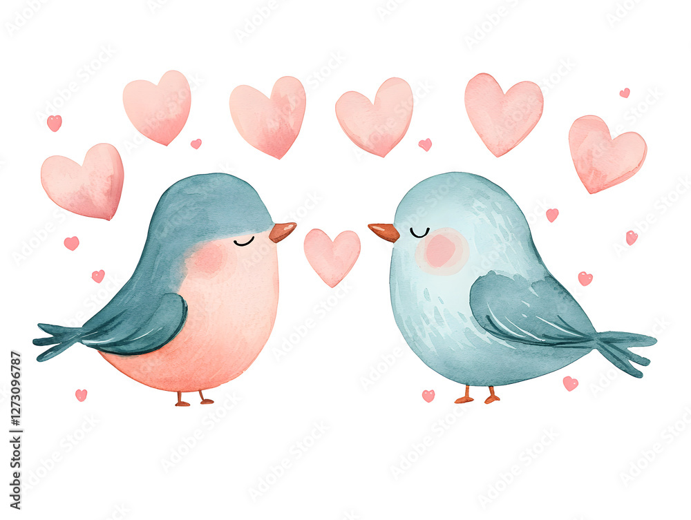 Obraz premium Elegant watercolor illustration of bird couple surrounded by hearts, symbolizing love and affection. Perfect for romantic themes and decorations