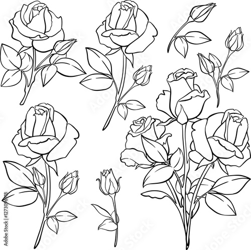 Set of outline clip art with vector hand drawn roses.