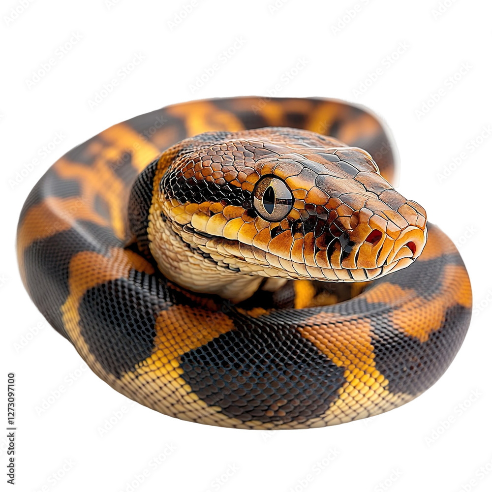 Fototapeta premium Angled view full-body shot of an extremely perfect-looking single Timor Python isolated on a white transparent background