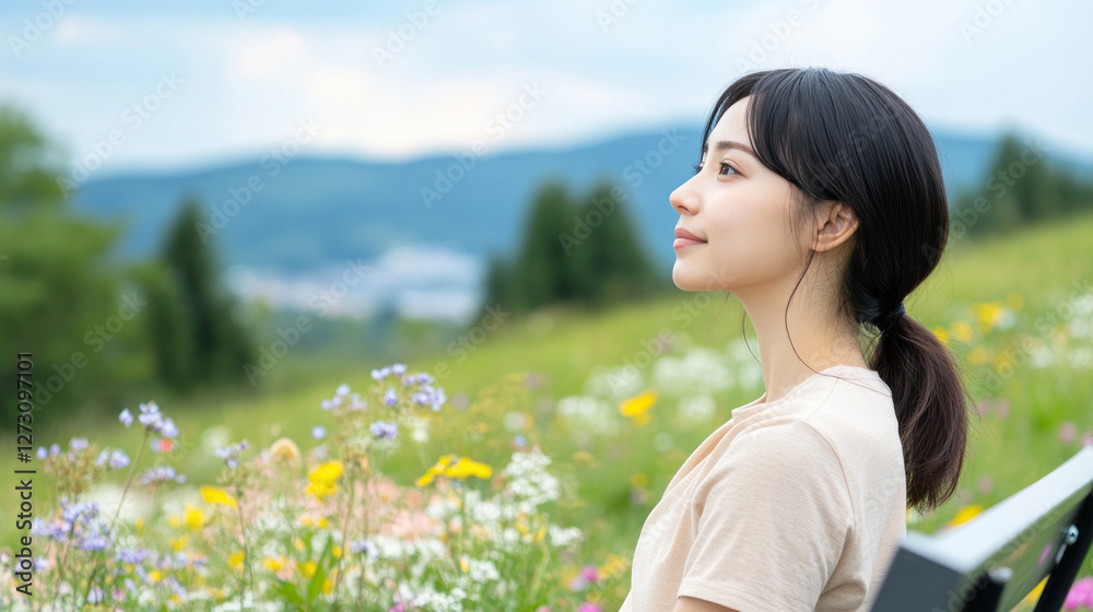Malay woman sitting and relaxing enjoying green meadow with wildflowers in full bloom Malay woman sitting and relaxing enjoying green meadow with wildflowers in full bloom