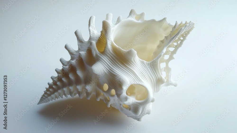 White seashell with intricate ridges, beautifully detailed against a plain background.