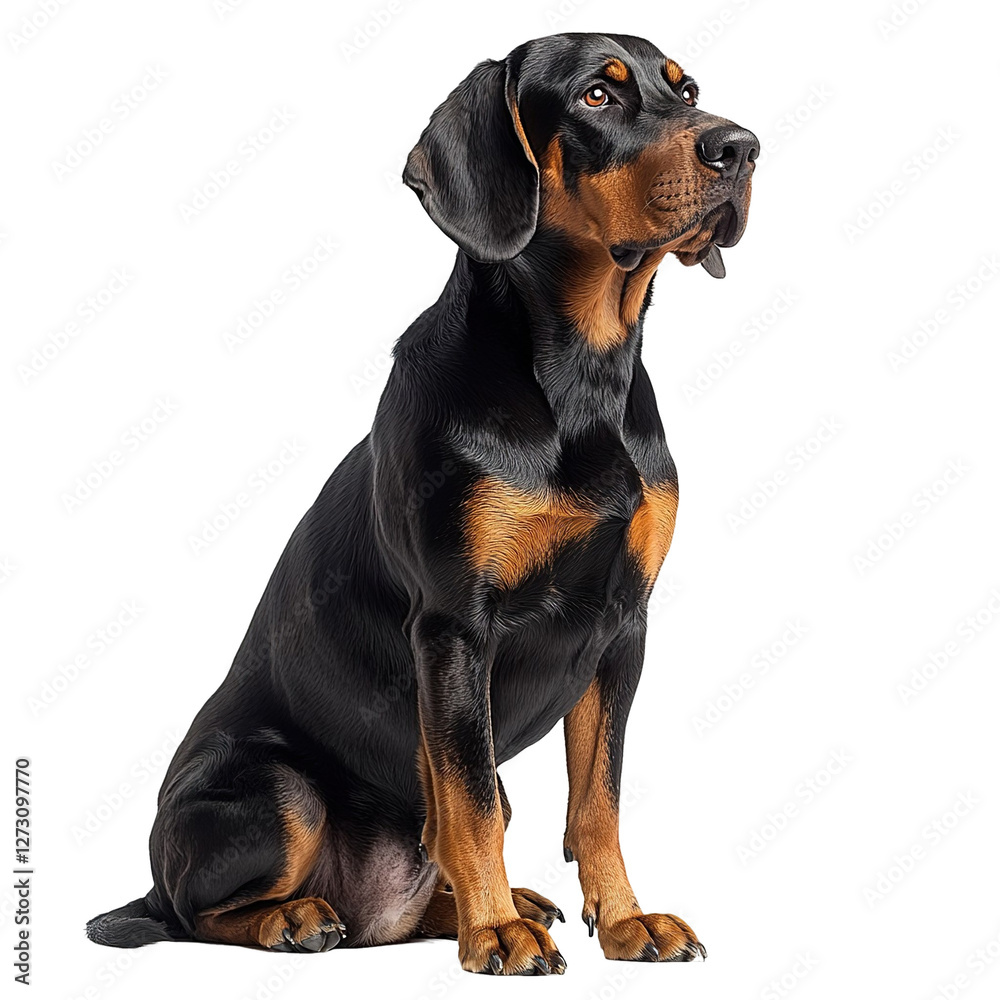 Angled view full-body shot of an extremely perfect-looking single Transylvanian Hound isolated on a white transparent background Angled view full-body shot of an extremely perfect-looking single Transylvanian Hound isolated on a white transparent background