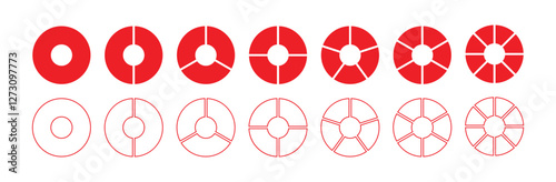Set of Pie chart divided 2,3,4,5,6 equal parts. Circle or pie chart icon. Graphic vector diagram divided into 1, 2, 3, 4, 5, 6 parts. Stock Photo
