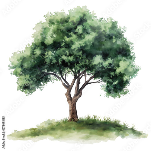 A tree is depicted in a watercolor painting, with its branches reaching out