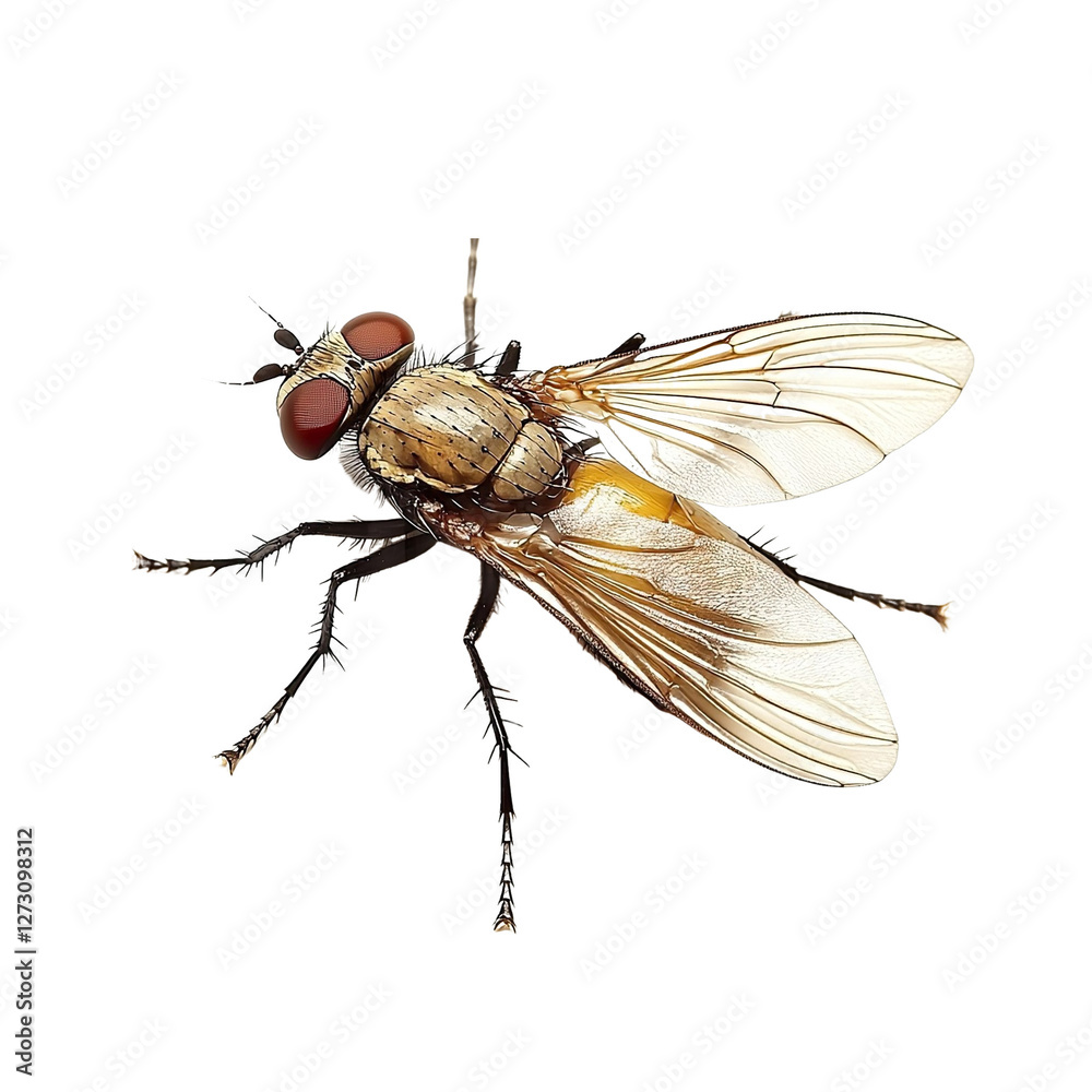 Angled view full-body shot of an extremely perfect-looking single Tsetse Fly isolated on a white transparent background
