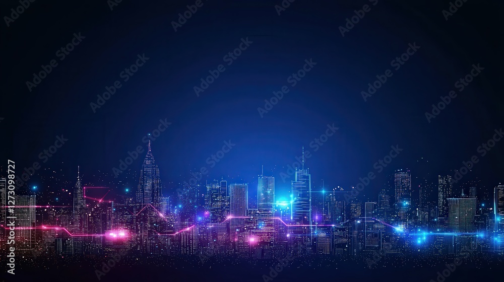 Obraz premium A futuristic glowing wireframe city skyline with AI-driven data flows, neon blue lights illuminating the skyline