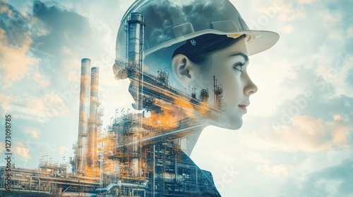 Double Exposure of Female Engineer and Oil Refinery
