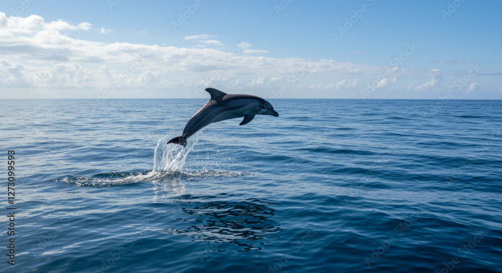 Fototapeta premium Striped dolphin leaping from ocean waves under a blue sky