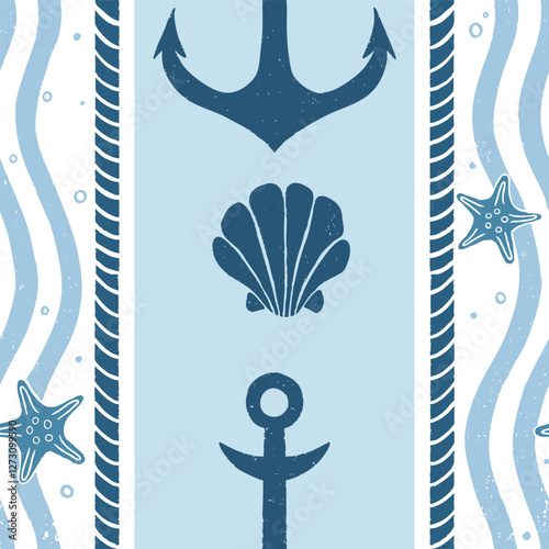 Vector Nautical Anchor, Seashell, Starfish Wavy Blue Ocean Marine Seamless Pattern
