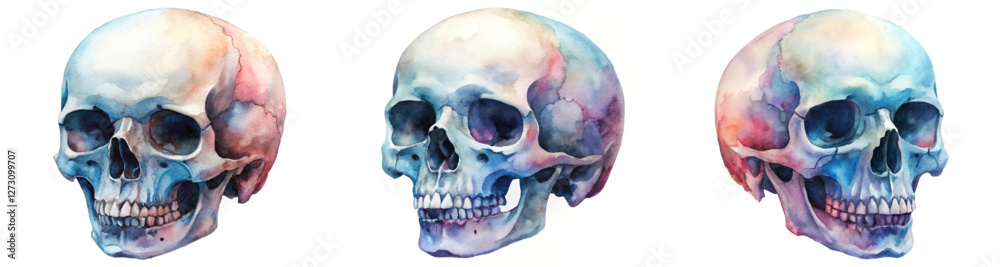 Obraz premium Watercolor skull illustration, artistic anatomy study, colorful design, educational purpose, medical art, creative expression.