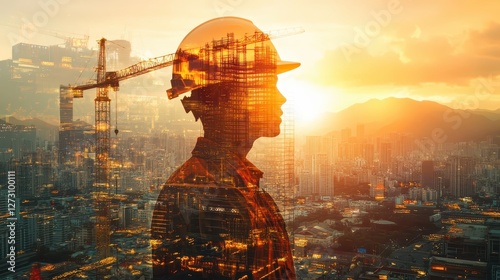 Construction Worker Silhouette with City Skyline in Double Exposure