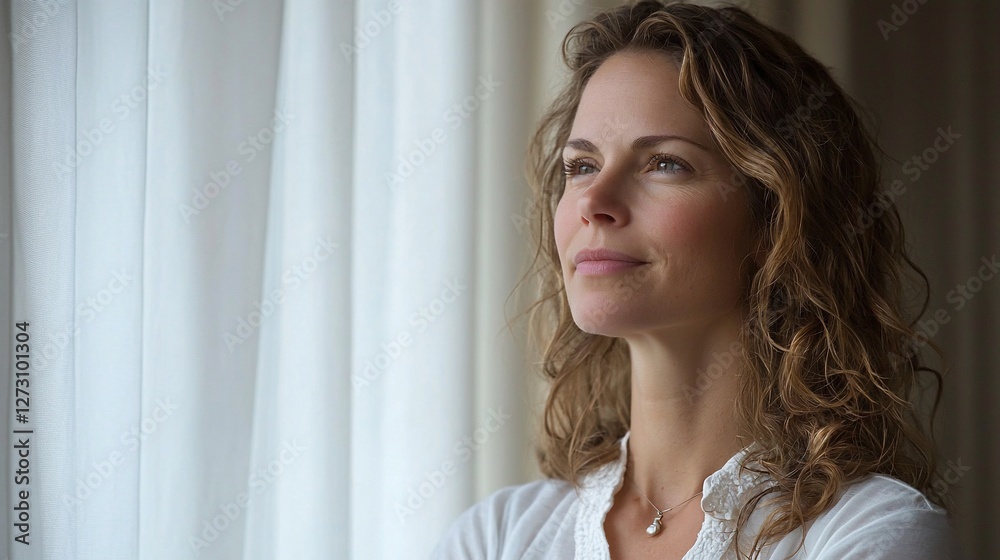 Woman looking out window, daydreaming, home interior, peaceful background, website banner Woman looking out window, daydreaming, home interior, peaceful background, website banner