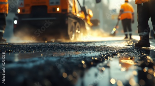 Construction Workers and Steam Rising from Roadwork photo