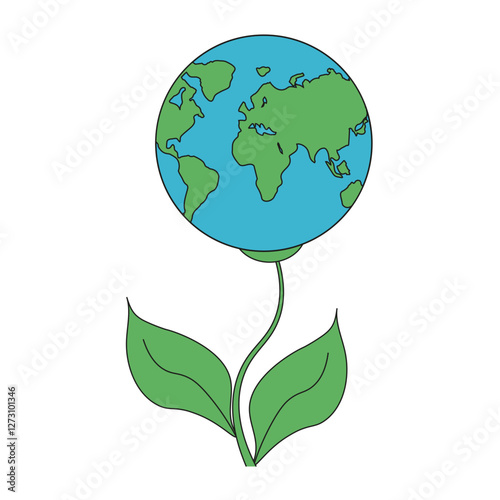 World Earth Day concept. Flower with Earth planet bud. Eco friendly theme isolated transparent background. Perfect Eco poster Globe element. Vector illustration.  EPS 10