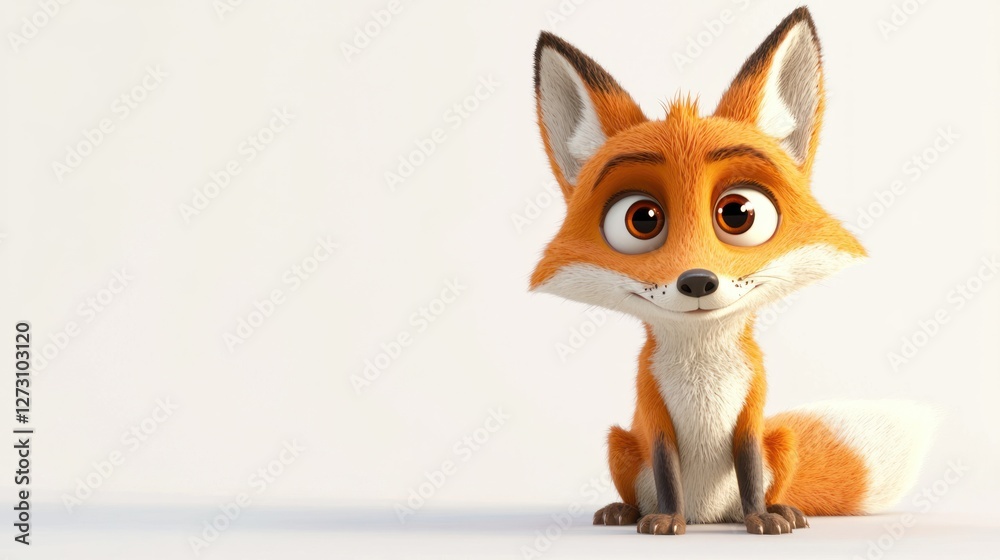Obraz premium A 3D animated character of a fox with big eyes, sitting and looking curiously on a white background.