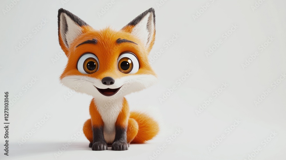 A 3D animated character of a fox with big eyes, sitting and looking curiously on a white background. A 3D animated character of a fox with big eyes, sitting and looking curiously on a white background.
