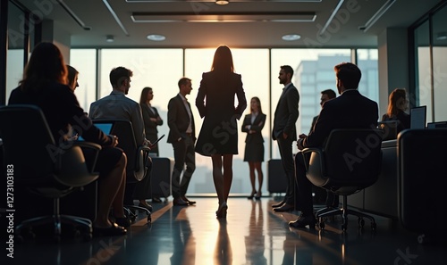 A diverse group of business professionals engaged in a discussion. The silhouette of a confident leader stands out against a modern office backdrop, symbolizing teamwork and collaboration.