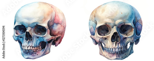 Watercolor skull illustration, artistic anatomy study, colorful design, medical education, decorative art piece.