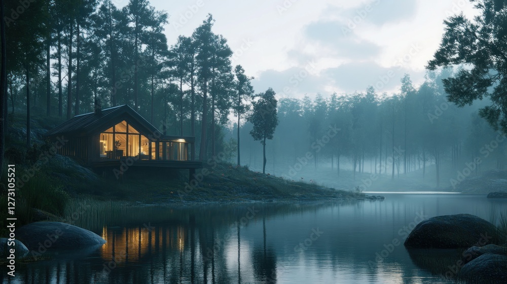 Fototapeta premium Serene Lakeside Cabin in Misty Forest