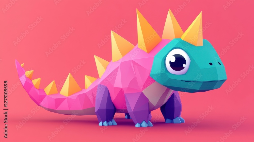 Fototapeta premium Colorful Cute Dinosaur Character in Low Poly Style on Pastel Background