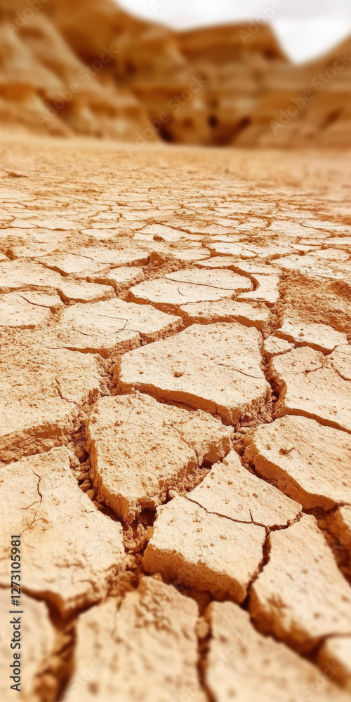 Obraz premium Cracked desert ground during drought showing dry, barren landscape under harsh sunlight