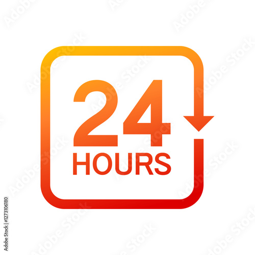 Twenty four hour with arrow loop icon, 24 hours square sign, Opened order execution or delivery, All day business and service, Vector illustration