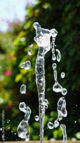 Elegant dance of water droplets in garden fountain on a sunny day