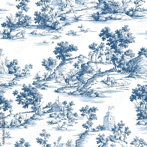 Classic Toile Pastoral Scenes Muted Seamless Pattern Design for Textile and Wallpaper