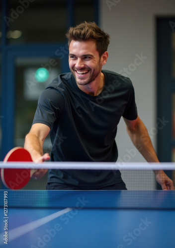 Young man enjoys a lively game of table tennis indoors with friends