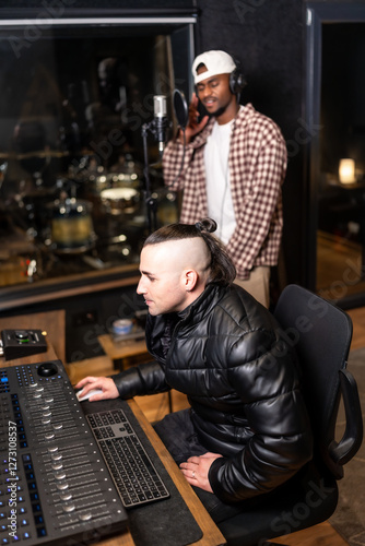 Music producer working with a singer recording a new song in a professional studio