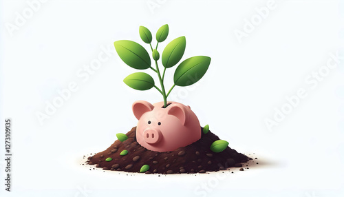 Asset A whimsical image of a piggy bank partially buried in soil, with a green plant emerging from its top