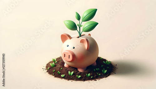 Asset A whimsical image of a piggy bank partially buried in soil, with a green plant emerging from its top
