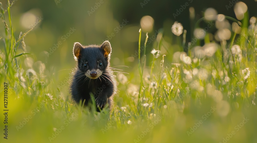 Fototapeta premium A baby skunk walking through a grassy field with a curious look