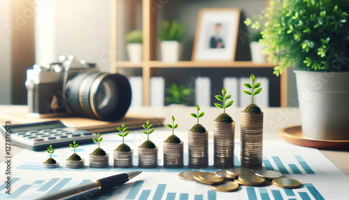 Asset A series of stacked coins, each topped with small green plants growing taller from left to right