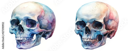 Watercolor skull illustration, artistic design, colorful details, anatomical perspective, educational art piece, unique decoration.
