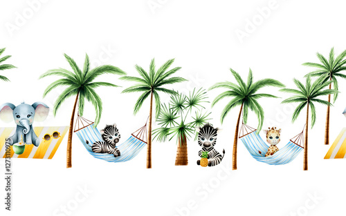 Seamless border, banner. Cute baby giraffe on striped hanging hammock with Green palm trees, elephant with coconut under palm. Lazy summer clipart. Watercolor hand drawn floral jungle illustration