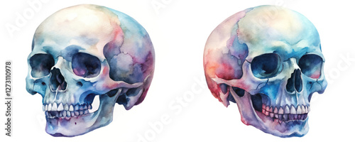 Watercolor skull illustration, artistic design, colorful hues, anatomical details, creative art, medical imagery.
