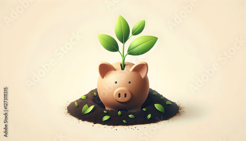 Asset A light brown piggy bank, half-buried in dark soil, with a healthy green plant sprouting from it