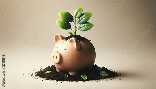 Asset A light brown piggy bank, half-buried in dark soil, with a healthy green plant sprouting from it