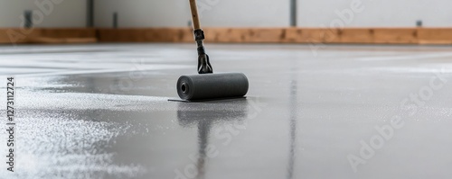 Roller Paint Application on Freshly Coated Concrete Surface in a Bright Modern Garage Setting