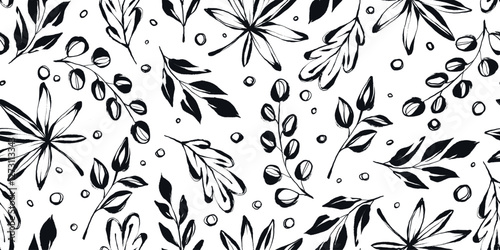 Seamless Pattern with Black Tropical Leaves and Branches. Modern grunge silhouettes and bulky ink herbs. Hand painted plants isolated on cream background