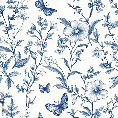 Vibrant Garden Toile Seamless Pattern with Butterflies Bees Blooming Flowers