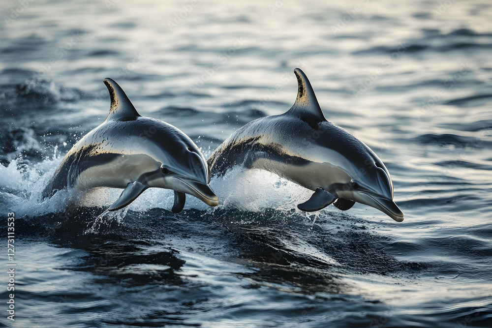 Obraz premium Two dolphins leaping through the water during golden hour, captured in National Geographic style with stunning detail, showcasing their playful movement and the beauty of the ocean at sunset.