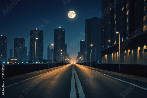 Serene Night Cityscape with  Moon, Illuminated Road, and Towering Buildings – Urban Tranquility, Glowing Lights, and Endless Perspective for Dreamy and Contemplative Journeys