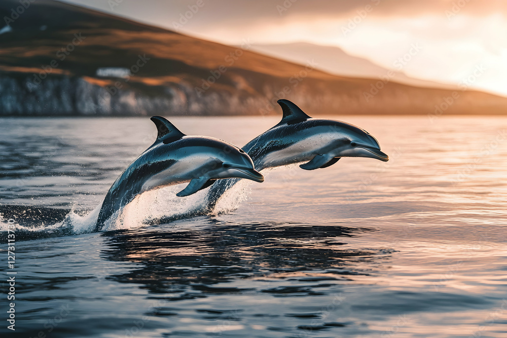 Obraz premium A beautiful scene of two dolphins leaping out of the water under the golden hour light, with soft reflections on the water, captured in National Geographic style, the motion and beauty of nature.