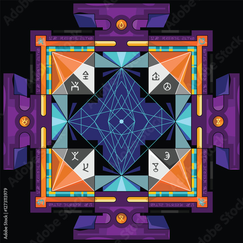 Sri abstractly yantra. Symbol of Hindu tantra formed by interlocking triangles that radiate out from the central point. Sacred geometry. Vector illustration of mystical diagram. 