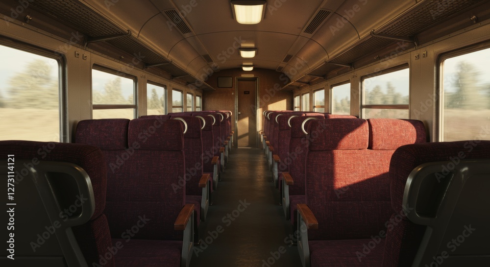 Empty train carriage seats bathed in sunlight Empty train carriage seats bathed in sunlight